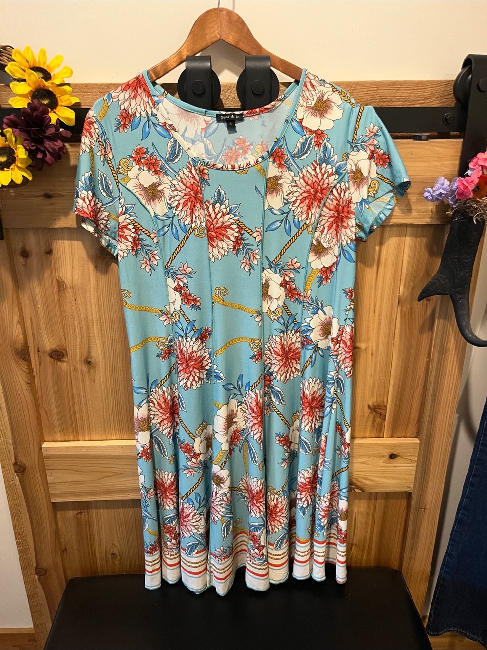 Sami & Jo Aqua Floral Midi Dress with Coral and White Blooms